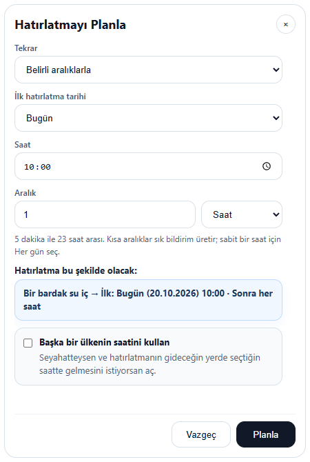 Tekrarlayan hatırlatma planlama. Gerçek Enterla arayüzü; örnek veriler.