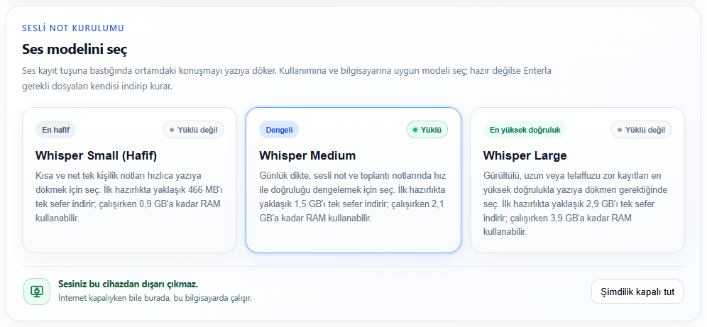 Whisper · yerel ses modeli seçimi. Gerçek Enterla arayüzü; örnek veriler.