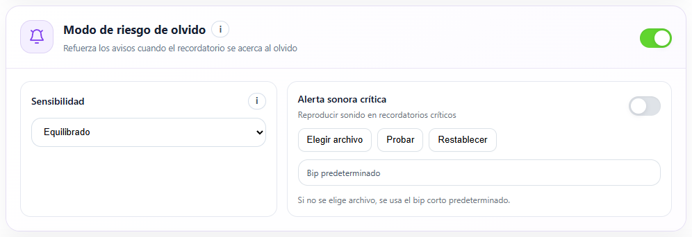 Modo Olvido. Interfaz real de Enterla con datos de ejemplo.