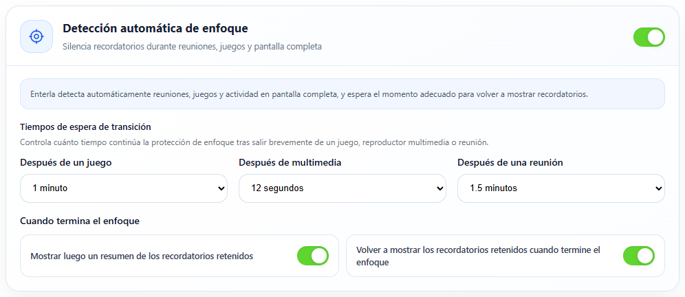 Detección automática de concentración. Interfaz real de Enterla con datos de ejemplo.